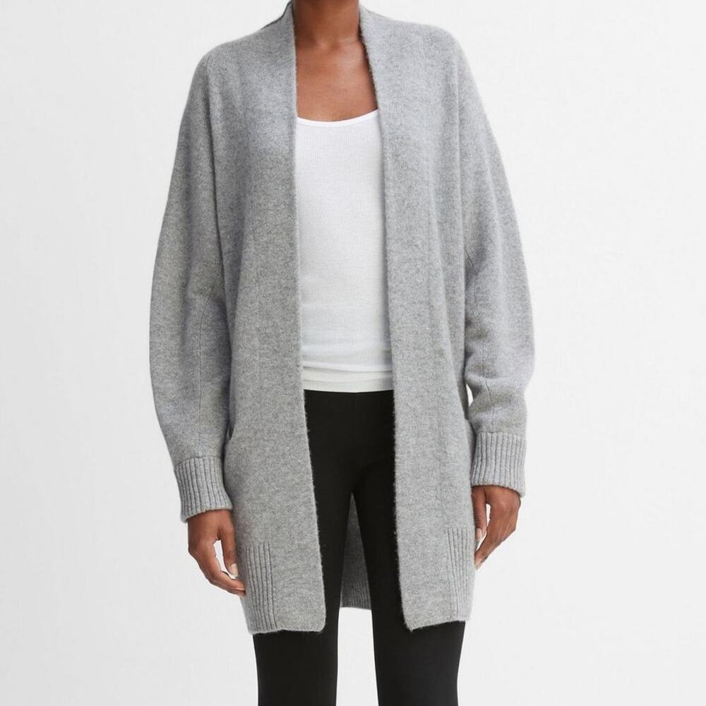 Vince Open-Front Cashmere Long Cardigan With Ribbed Details